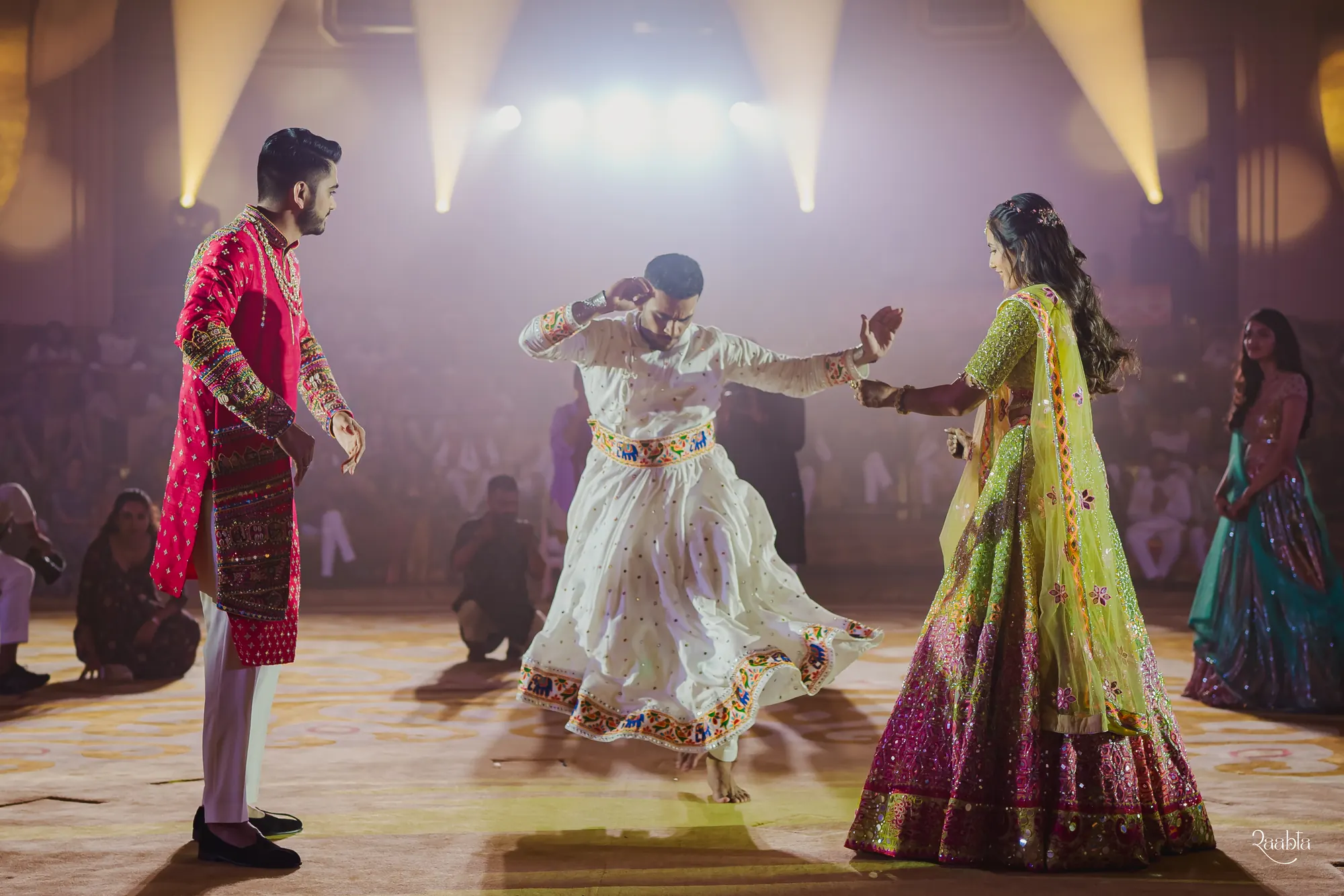 The couple dancing as Chirag hosts Utkarsh and Jemimi's sangeet at Emirates Palace