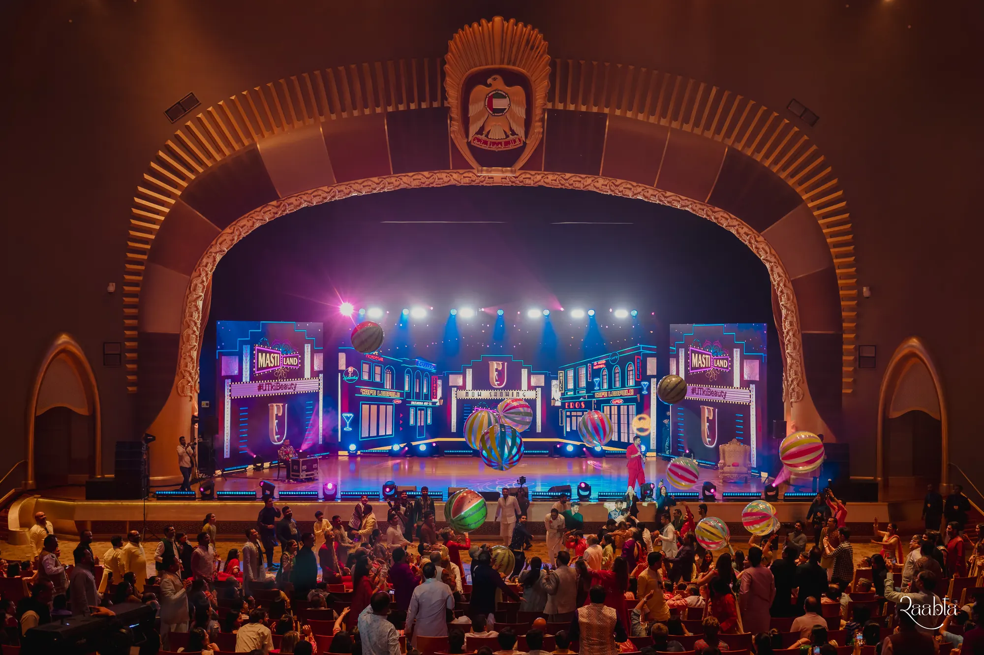 The theatre stage at Emirates Palace, Abu Dhabi, during Utkarsh and Jemimi's sangeet