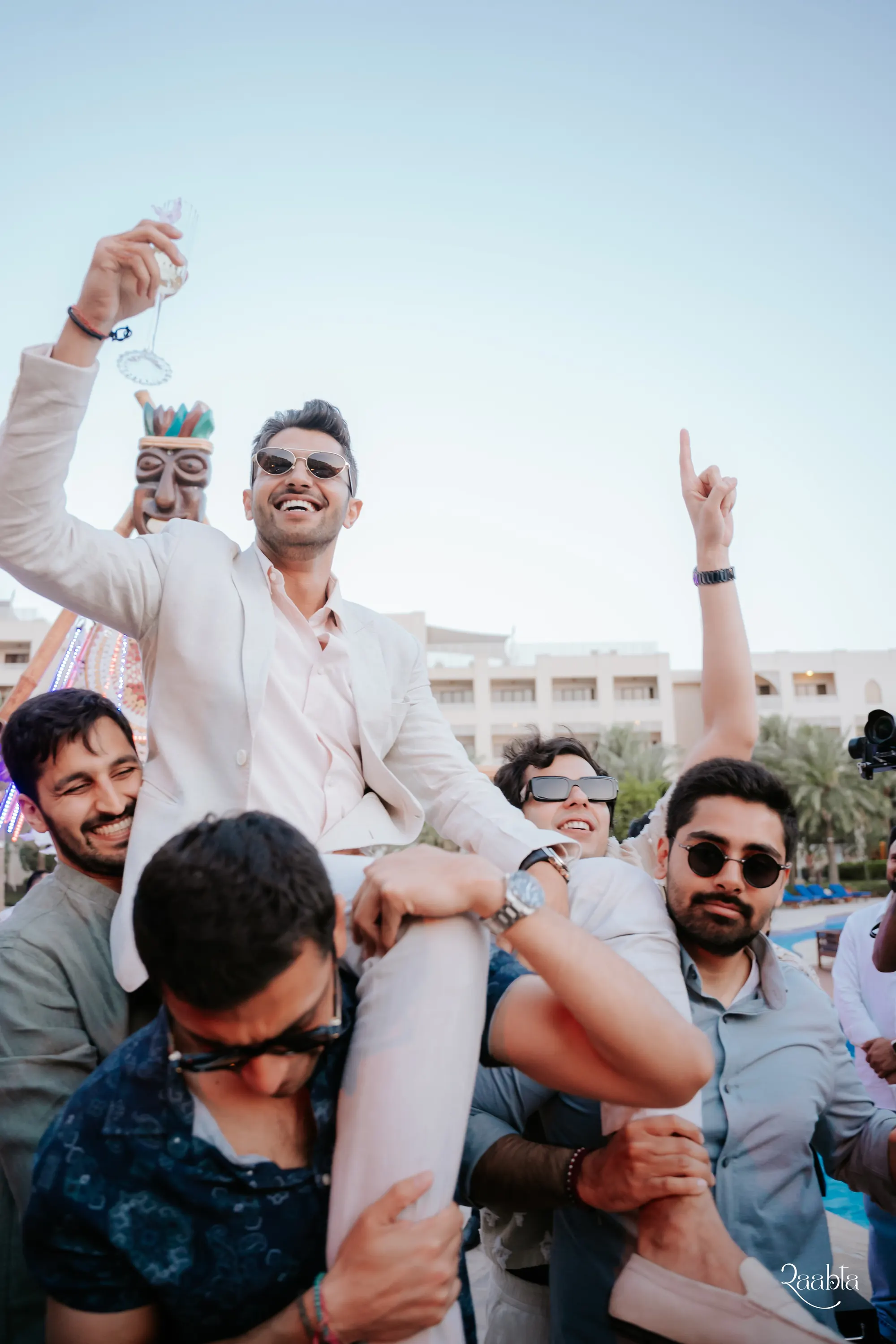 The groom lifted by friends as Chirag hosts Shiven and Palak's wedding, Bahrain