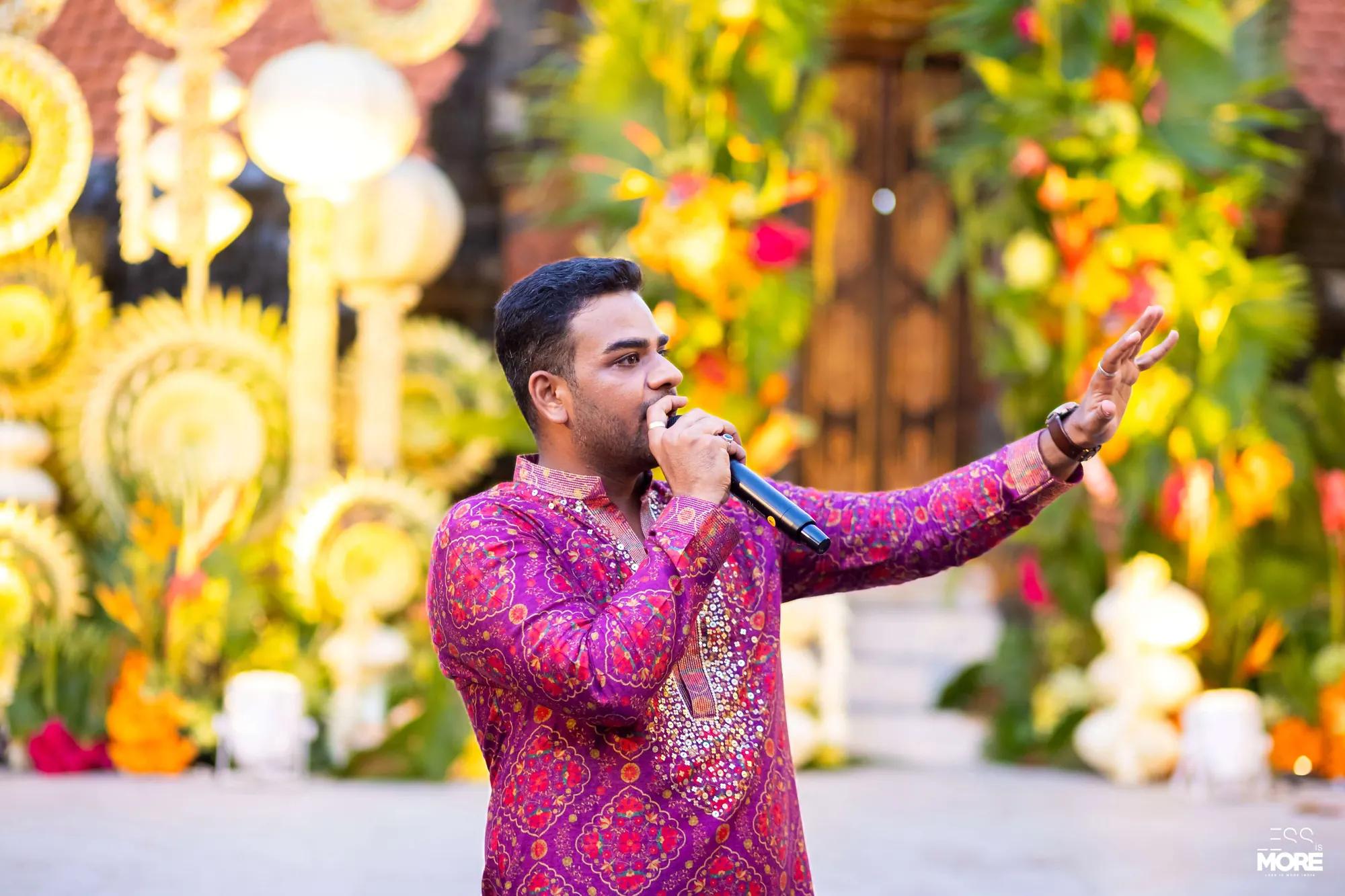 Chirag Vithalani in a pink kurta hosting a garden function at Aayush and Shama's wedding in Bali